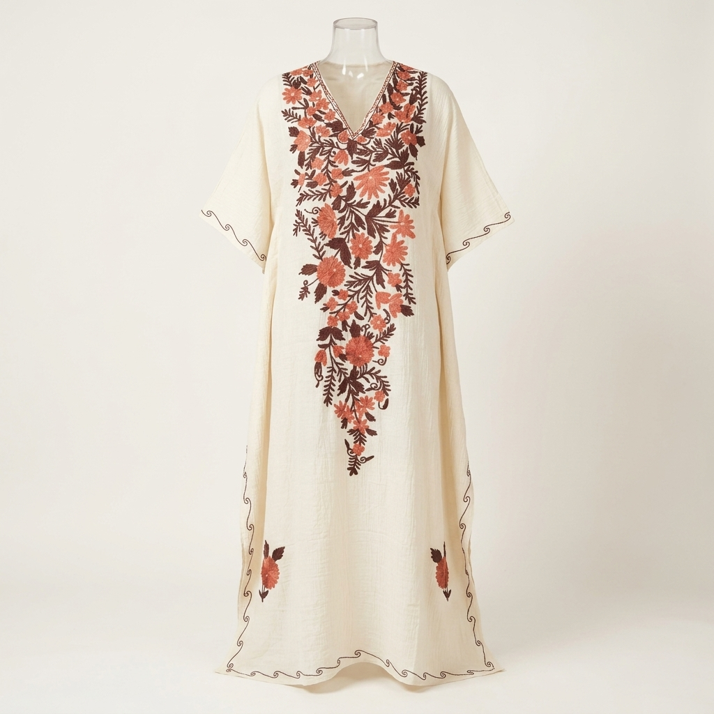 Ivory Coral Crush Kashmiri Long Kaftan