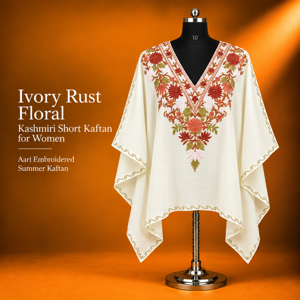 Ivory Rust Floral Kashmiri Short Kaftan