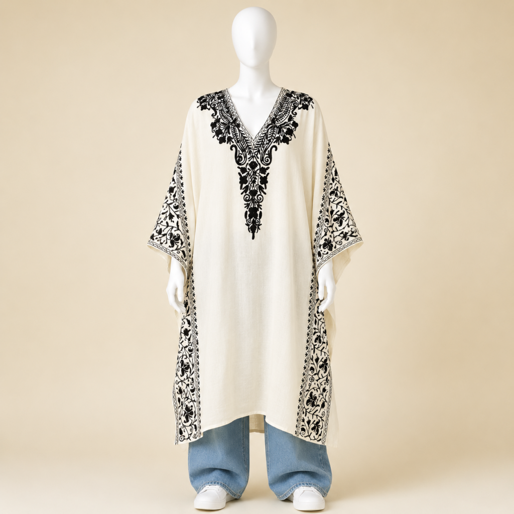Ivory White Aari Kashmiri Long Kaftan