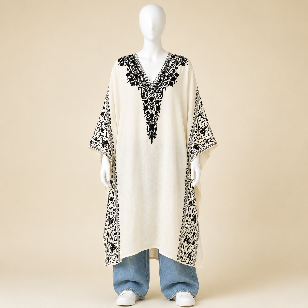 Ivory White Aari Kashmiri Long Kaftan