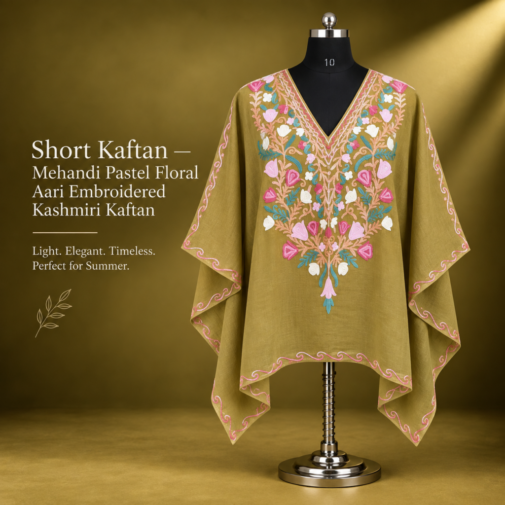 Mehandi Pastel Floral Kashmiri Short Kaftan