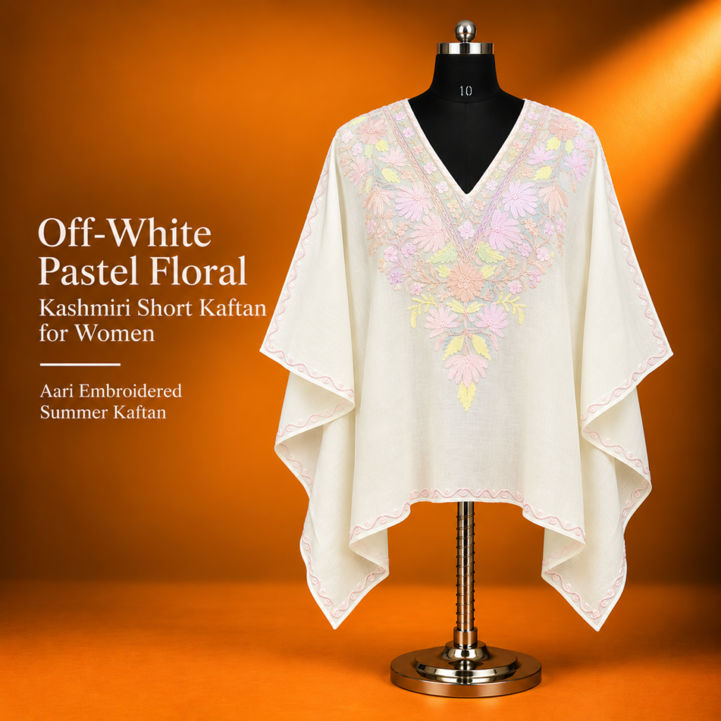Off-White Pastel Floral Kashmiri Short Kaftan