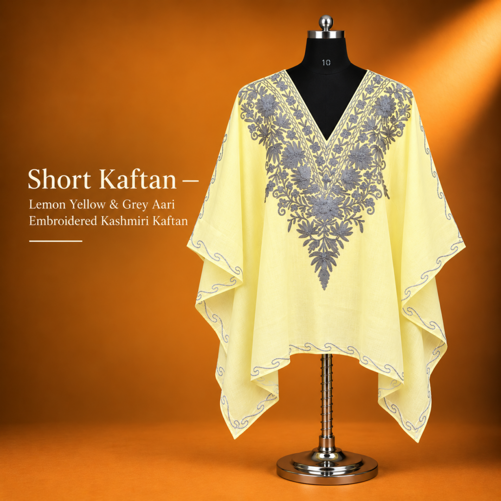 Lemon Yellow & Grey Kashmiri Short Kaftan
