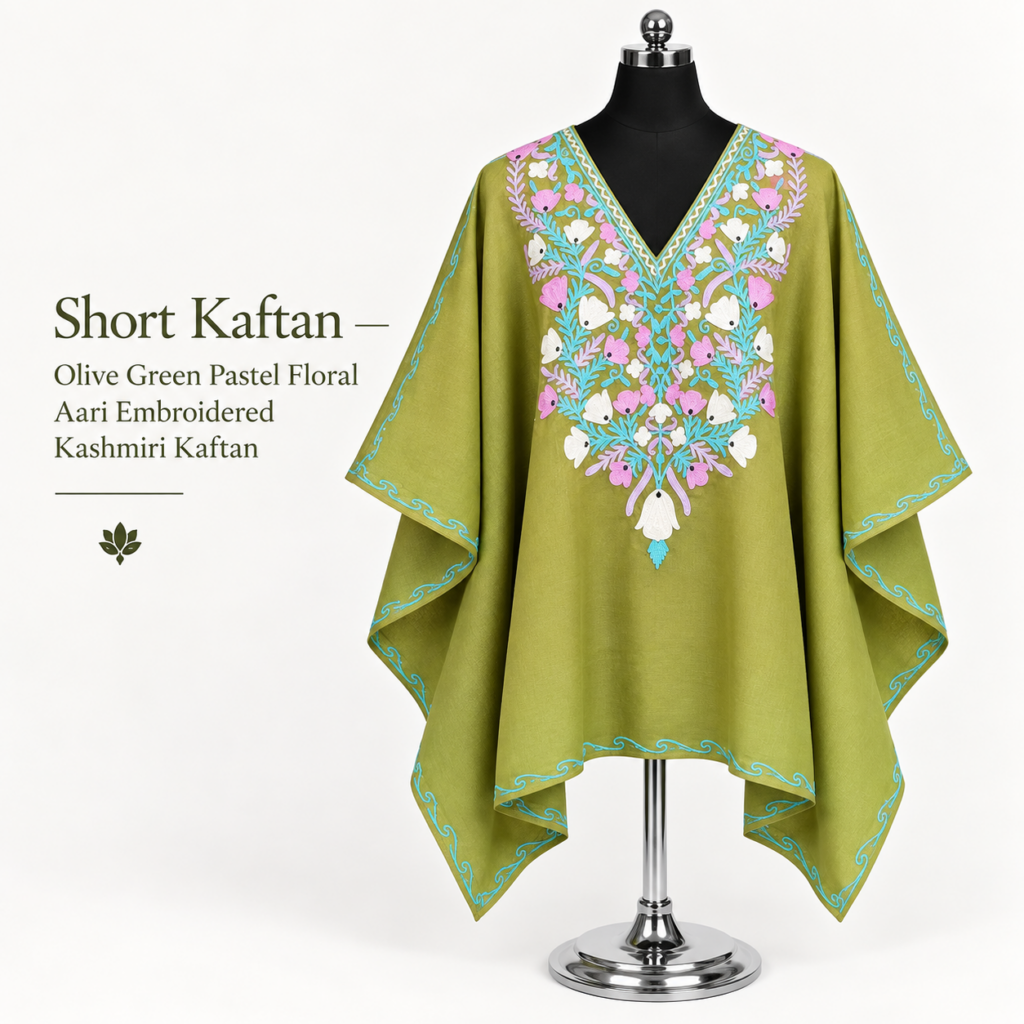 Olive Green Pastel Floral Kashmiri Short Kaftan