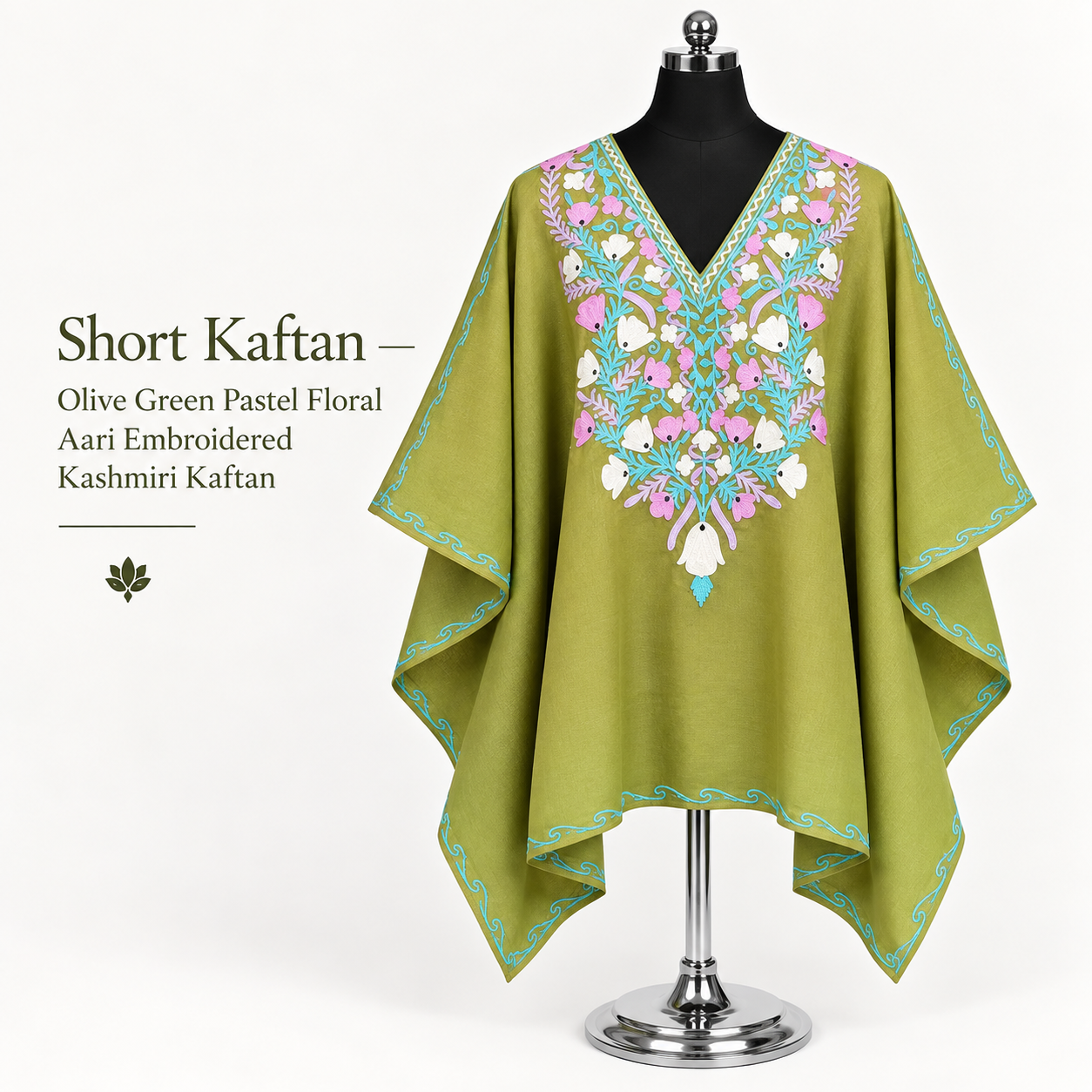 Olive Green Pastel Floral Kashmiri Short Kaftan