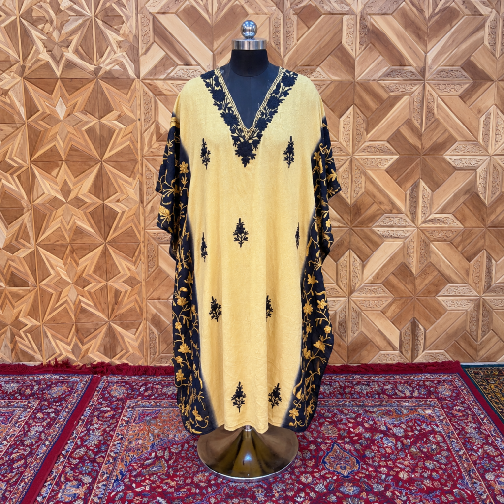 Butter Yellow Tie-Dye Kashmiri Long Kaftan