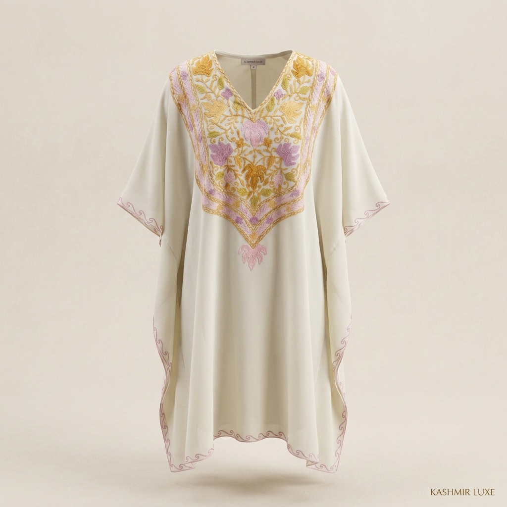 Ivory Pastel Kashmiri Long Kaftan