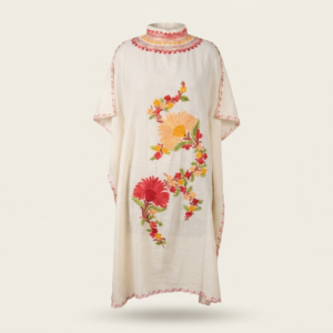 White Bloom Full-Neck Kashmiri Long Kaftan
