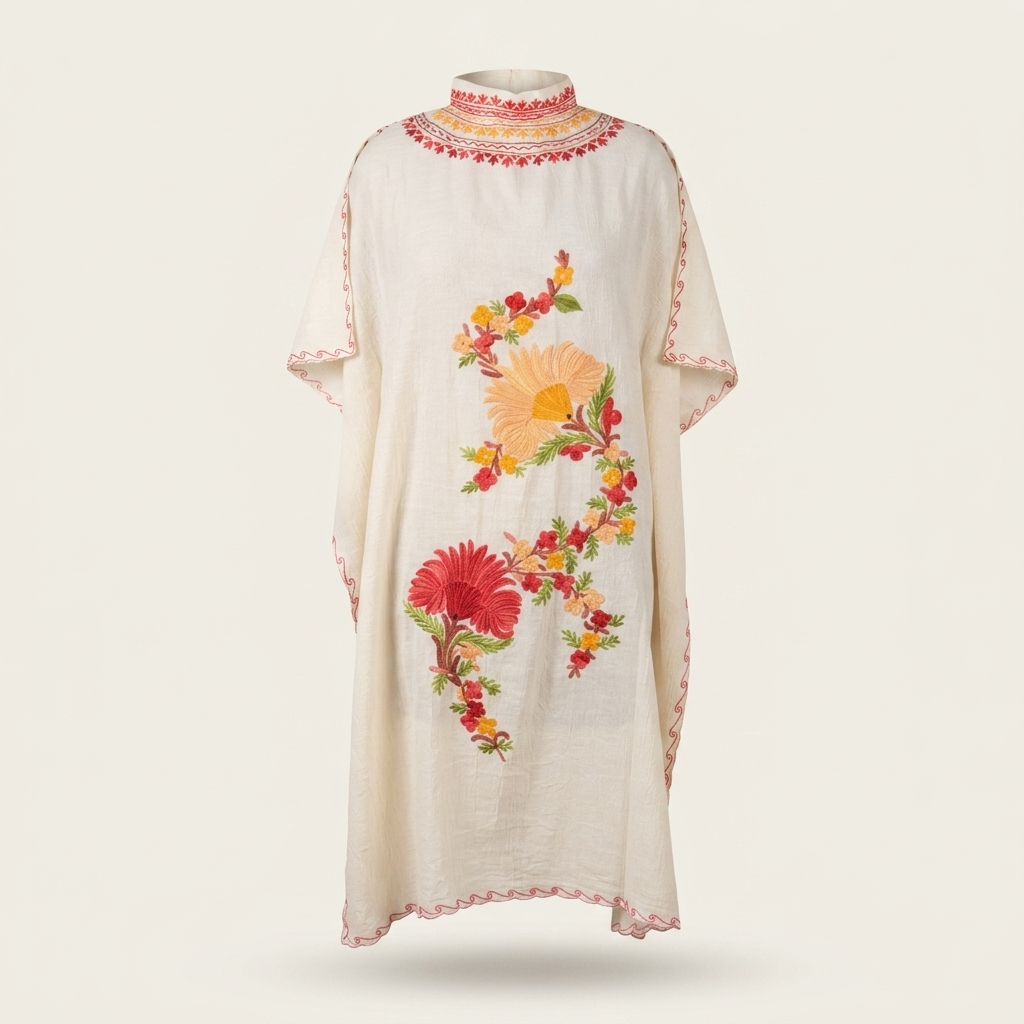 White Bloom Full-Neck Kashmiri Long Kaftan