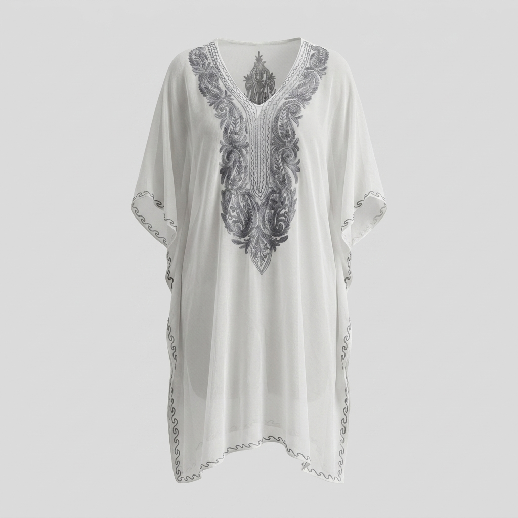 White Grey Chiffon Kashmiri Long Kaftan